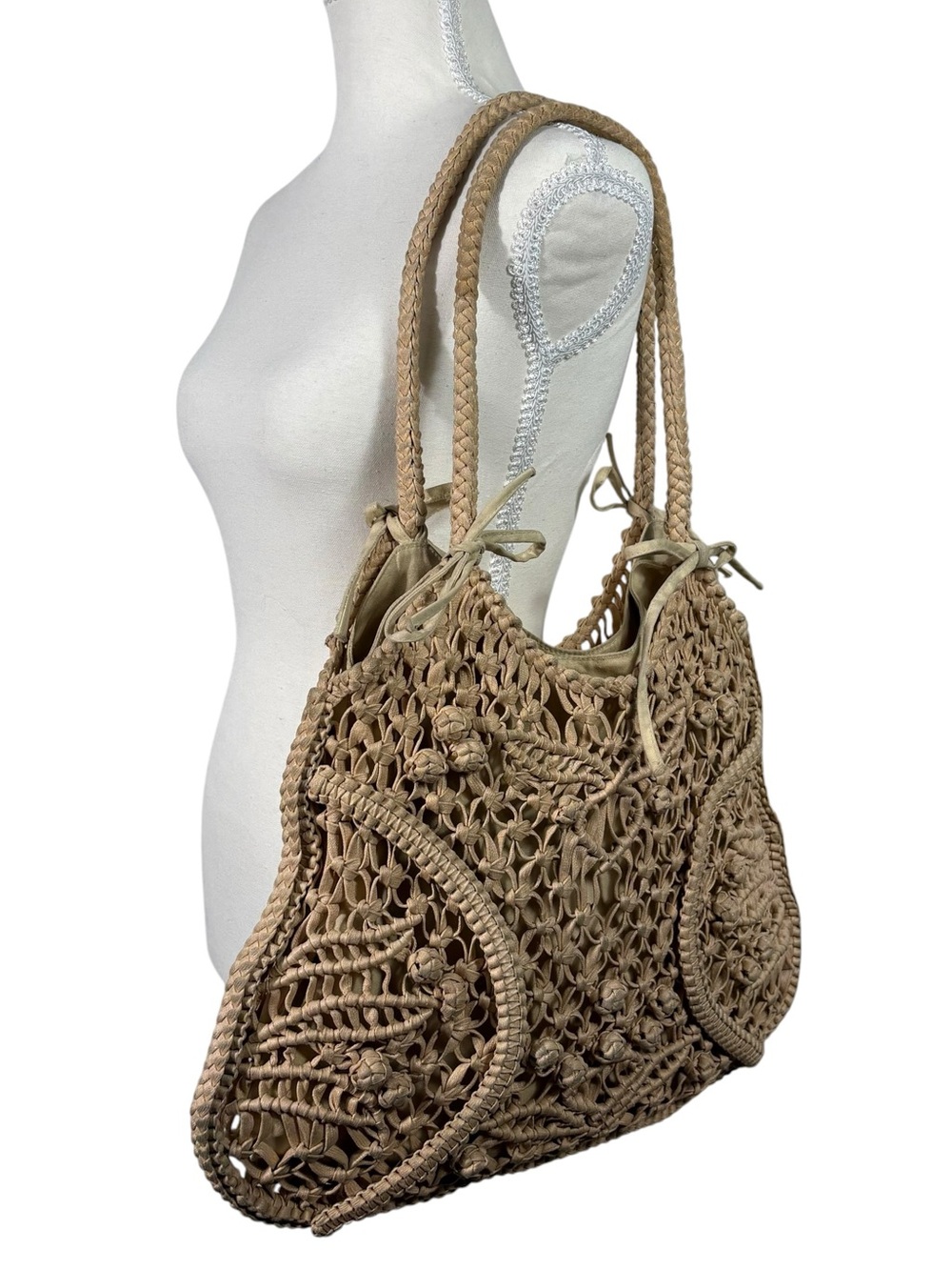 David & Scotti Leather Braided Wicker Look Oversized Tote Bag Purse Bohemian Y2K